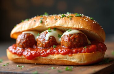 Hearty Italian meatball sandwich piled high with marinara sauce and melted cheese. Served on a toasted bun with fresh parsley. Delicious lunch or dinner option.