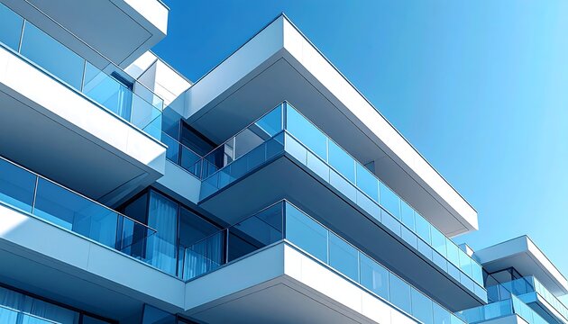 重なり合う形状のマンションと青空が象徴する不動産