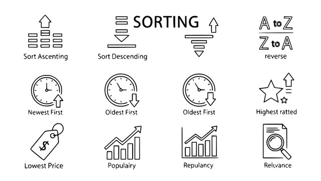 Sorting symbols illustrate ordering data in a list comparison on a white background showing functions for arranging information