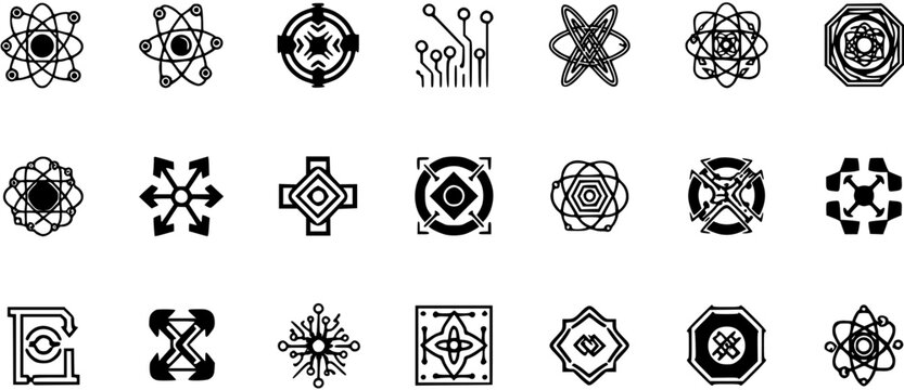 Abstract Science  Technology Icons Set with Geometric Shapes, Atom Models, Circuitry, and Modern Symbols in Black and White