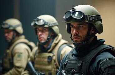 Obraz premium Team of special forces soldiers in tactical gear ready for action. Men wear helmets with goggles. Soldiers train for combat and defense operations. They are prepared to face danger.