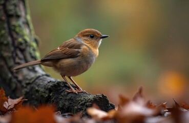 Fototapeta premium Small brown bird perched on mossy branch in wet autumn forest floor. It has a round body and delicate features, observing surroundings with a curious gaze amongst fallen leaves.