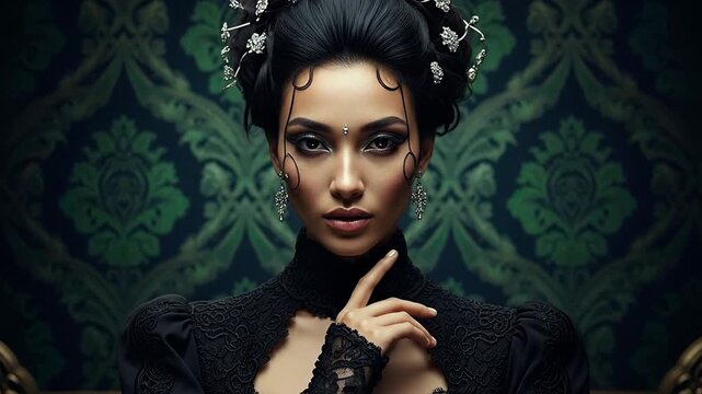 Elegant Woman in Ornate Gown with Intricate Hairstyle and Dark Makeup Against a Damask Background.