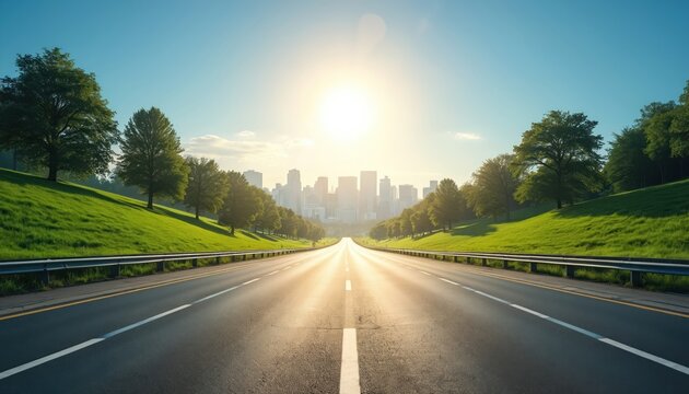 Asphalt road leads toward city skyline under bright sun. Green hills flank highway with trees lining path towards urban center. Clear blue sky shines over landscape.