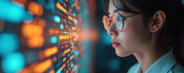 Woman analyses digital data stream on large screen. Futuristic interface with glowing orange and blue charts shows complex information. She wears glasses reflecting screen.