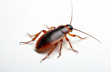 Macro view of a dead brown cockroach with long antennae on a clean white background. This creepy crawly insect is isolated for pest control or hygiene content. Dirty bug details are visible.