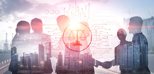 Futuristic digital law interface displaying justice scale, highlighting digital law, AI compliance,...