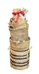 Rattan bags folded one into another and New Year gifts isolated