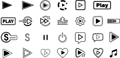 Diverse collection of play button icons, start symbols, and media control elements in various black and white styles, perfect for UIUX design and web applications.