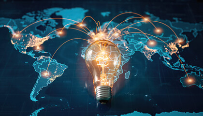 Light bulb showing connections across a world map with glowing lines representing global communication and energy sharing