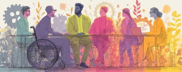 Diverse group of business professionals in a collaborative meeting around a table outdoors