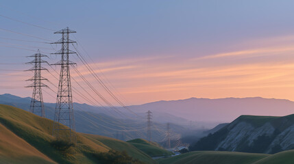 High-voltage transmission lines stretching across rolling hills at sunrise, towers casting long shadows as electricity flows toward distant cities — renewable integration, national energy