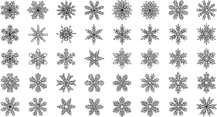 Detailed Collection of 49 Unique Snowflake Vector Designs - Black and White Winter Holiday Illustrations Set