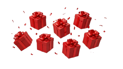 Floating Red Gift Boxes with Ribbons and Confetti on a Transparent PNG Image