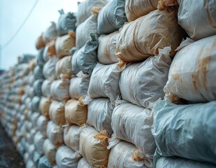 Obraz premium Stacks of large sacks filled with compressed materials, possibly waste or recyclables, awaiting processing or disposal. The large pile creates a textured wall outdoors, suggesting bulk storage.