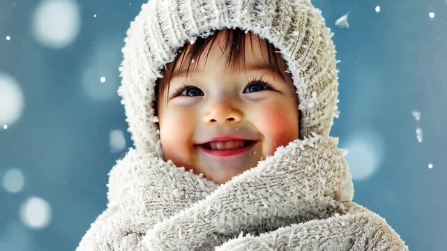 Winter's Sweet Smile: A joyful child bundled up in warm winter attire, their face radiating pure happiness amidst a gentle snowfall.