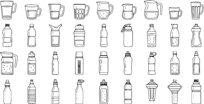 Hand-drawn set of various drinking containers, including mugs, cups, pitchers, bottles, and thermoses, in a simple doodle outline style
