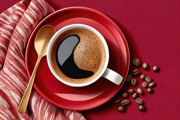A red cup of coffee on a red saucer with a golden spoon on a red table