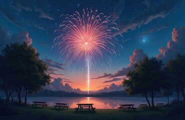 Festive fireworks light up night sky over tranquil lake and park picnic area. Trees and clouds frame grand pyrotechnic display reflecting on water. Celebration event atmosphere.