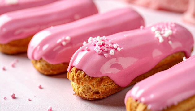 Fresh eclairs with glossy pink glaze, sweet food, yummy dessert, delicate pastry. Tasty treat.