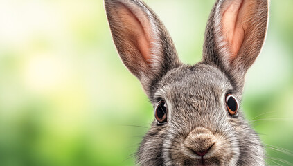 Obraz premium Close-up, head-on view of a grey wild rabbit with large ears and wide eyes peeking into the frame against a blurred bright green bokeh background.