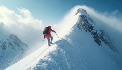 Solo climber ascends steep snowy mountain peak. Fierce wind blows ice particles creating a dramatic winter scene. Person in red jacket uses poles for balance on ridge. Extreme adventure.