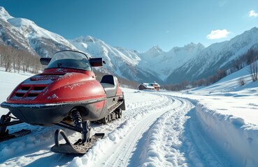 Red snowmobile parked on a snowy track amid majestic snow capped mountains and clear blue sky. A distant cabin offers a cozy winter retreat.