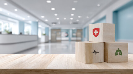 Health care concept with wooden blocks showing cross, heartbeat and lungs icons symbolizing medical service, wellbeing and prevention in modern bright hospital interior