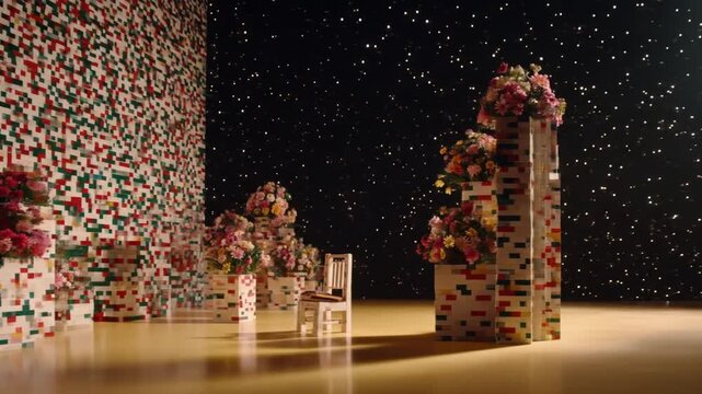 A whimsical studio installation featuring pixelated structures, floral arrangements, and a small chair