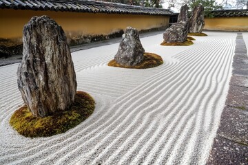 Zen rock garden with raked sand patterns, minimalist tranquility