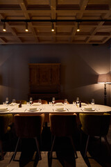 formal private dinner setting constructed, dinner arrangement featuring sophistication and intimacy
