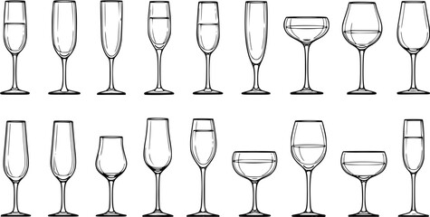 Hand-drawn outline vector set of various wine glasses, champagne flutes, and cocktail stemware. Diverse collection of drinkware types.