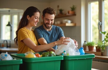 Couple sorts rubbish into green recycling bins at home kitchen. Woman man practice eco friendly waste management sorting plastic bottles paper glass.