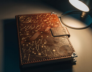 Leather journal with celestial constellations design sits near glowing lamp providing illumination
