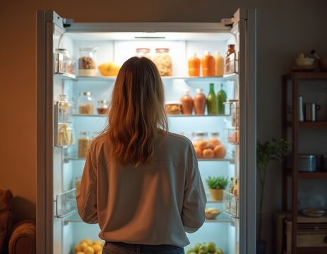 Woman stands with open fridge full of food, deciding what to eat. Nighttime hunger, healthy snack choice, late-night craving. Dieting or late meal preparation. Nourishment decision.