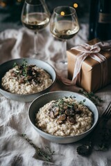 Obraz premium Two bowls of creamy mushroom risotto with thyme sit on a linen-covered table. Wine glasses and a satin-tied gift box create warm romantic dinner mood.