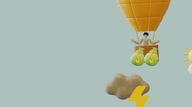 3D business animation. A businessman riding a hot air balloon successfully passes through thunderclouds. In business, there are definitely challenges that must be overcome to achieve success.