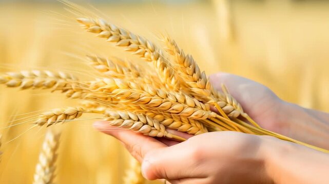 Golden Grain in Hands: A close-up shot captures the tender touch of hands cradling a bundle of golden wheat, representing the bounty of the harvest and the essence of agricultural abundance.