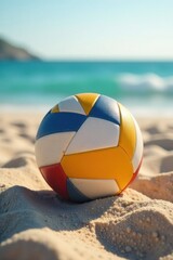 Obraz premium Close-up volleyball on sandy court, sea in background, play, tournament