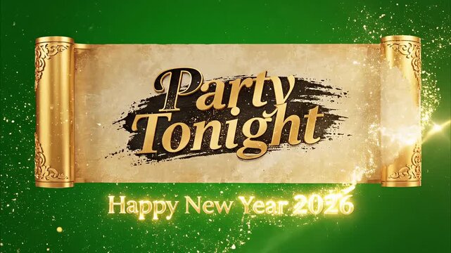 Festive 'Party Tonight' message on a vintage scroll with sparkling effects, celebrating the New Year