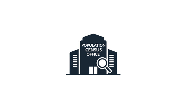 Population Census Office Building with Magnifying Glass Icon.