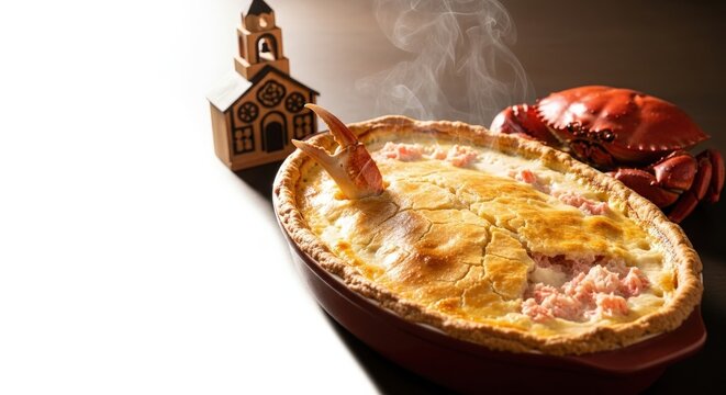 Steaming Chilean Pastel de Jaiba Crab Pie in Ceramic Dish with Negative Space and Golden Hour Light