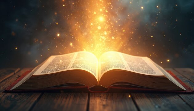 Open book emits bright holy light. Particles of light float around an open bible on a wooden surface, symbolizing divine knowledge and faith. Religious text glows.