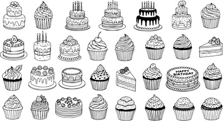 Seamless pattern with hand-drawn cakes and cupcakes, black and white sketch art of various birthday desserts, sweet pastries, and muffins for bakery, celebration, and textile designs.