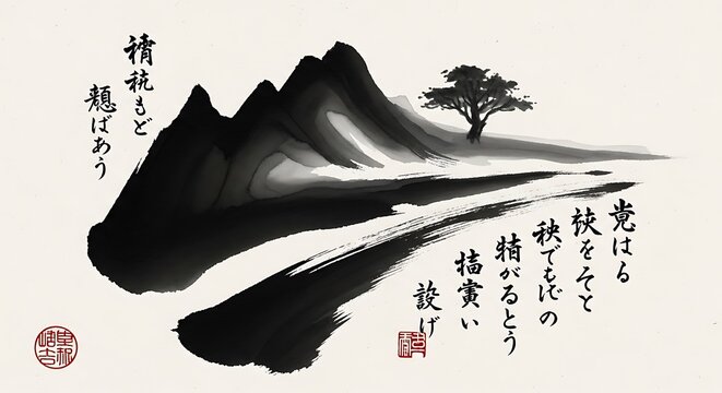 Minimalist Japanese Ink Wash Painting of Mountains and Tree with Calligraphy.