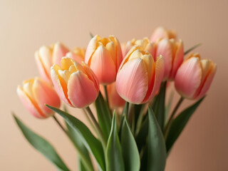 Beautiful pink tulips with yellow tips in bouquet