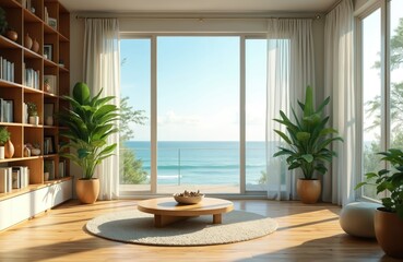 Modern living room with large window frames expansive ocean view. Bright space features wooden floor, bookshelf, potted plants, and round coffee table. Ideal for calm relaxation.