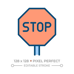Stop sign pixel perfect line color icon. Traffic safety regulation. Awareness for drivers. Road infrastructure. Isolated vector illustration. Flat colorful symbol design. Editable stroke