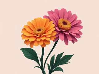 Vibrant orange and pink flowers with green leaves