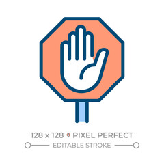 Stop hand sign pixel perfect line color icon. Traffic safety warning. Message for drivers. Road infrastructure. Isolated vector illustration. Flat colorful symbol design. Editable stroke